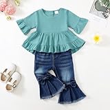 Kucnuzki 18 Months Girl Clothes Toddler Baby Girl Outfits Ruffle Short Sleeve Top Denim Jeans Set Boutique 18-24 Months Girl Clothing