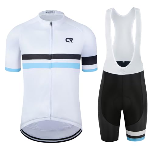 Coconut Ropamo CR Men's Cycling Jersey Set Road Bike Jersey Zipper Pocket Short Sleeves Cycling Kits Bib Shorts 3D Padded (White/Blue, L)