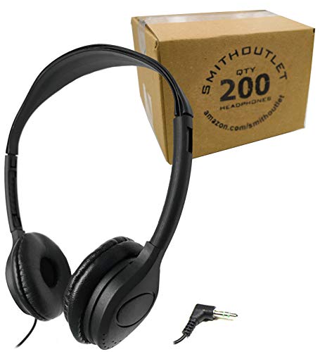SmithOutlet 200 Pack Low Cost Headphones in Bulk | Model SG-313-200 | Wired 3.5 MM Jack Connectivity | Black Leatherette Cushions | for Schools, Classrooms, Students, Libraries