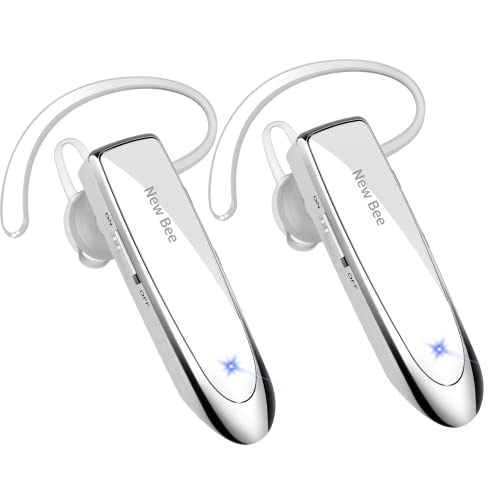 New bee [2 Pack] Bluetooth Earpiece V5.0 Wireless Handsfree Headset 24 Hrs Driving Headset 60 Days Standby Time with Bluetooth Headset for iPhone Android Laptop Truck Driver(White)