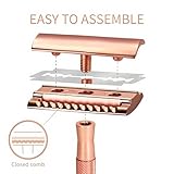 Bambaw Double Edge Safety Razor with Stand, Women Razor with 5 Double Edge Safety Razor Blades, Plastic Free Metal Razor – Rose Gold