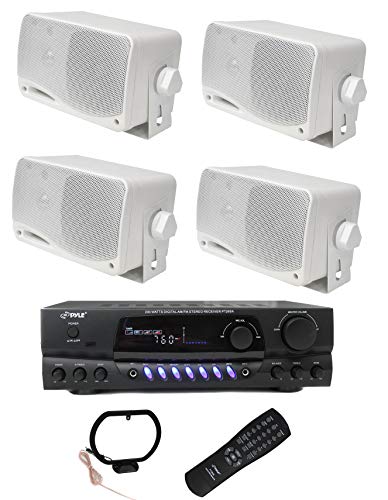 PYLE PLMR24 3.5" 200W Outdoor Speakers 4 Pack with 100 Watt RMS Power, 4 Ohm impedance and PT260A 200W Stereo Theater Receiver 110V with 3 RCA inputs