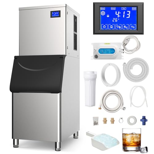 Commercial Ice Maker Machine 400Lbs/24H with 400LBS Large Storage Bin Ice Ready in Air Cooled Clear Cube Ice for Bar Business Cafe (400Lbs/24H)