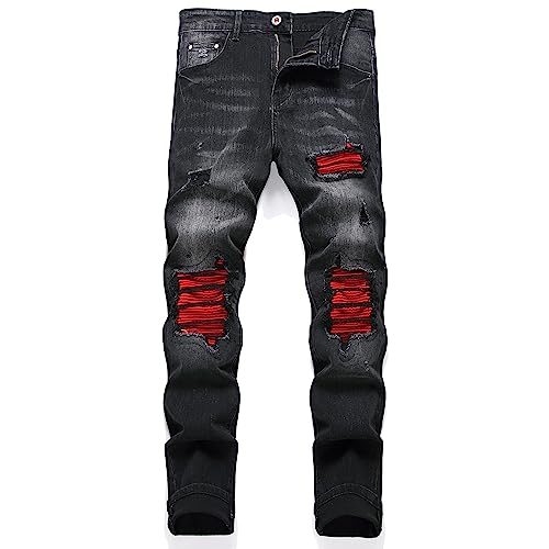 RXXKKK Men's Classic Zipper Biker Regular Fit Flex Jean (32, 5003 Black Red)