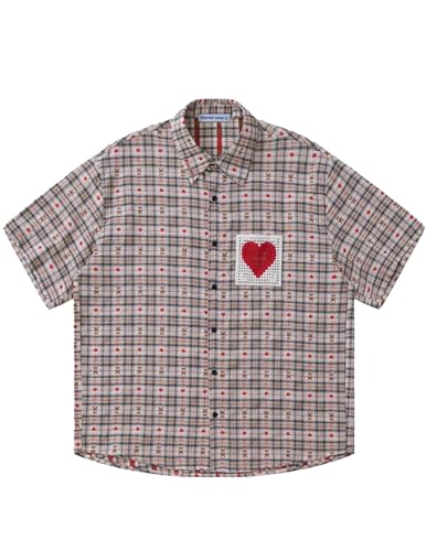 Aelfric Eden Cut-Out Heart Short Sleeve Shirt Collar Button Down Plaid Casual Tshirt Tops Khaki