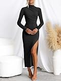 MIROL Women's 2024 Bodycon Maxi Dress Mock Neck Side Slit Fall Long Sleeve Ruched Long Dress Black