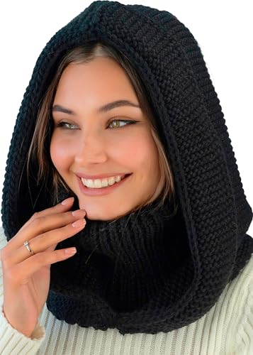 niceacsrise Black Knit Hooded Scarf for Women - Balaclava Detachable Hood with Neck Gaiter - Hat Scarf Combo