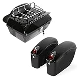 ECOTRIC Black Universal Hard Saddle Bag Trunk Tail Box w/Top Rack & Backrest & Tail Light Compatible with Yamaha Cruiser