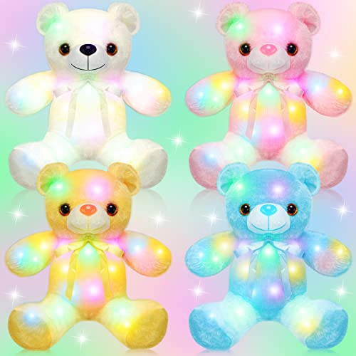 4 Packs Light Up Bear LED Bear Stuffed Animals with Bowtie, Cute Glow Bear Plush Toys Creative Colorful Luminous Light Up Doll Gifts for Boys Girls Bedroom Valentine's Day Christmas Birthday, 12 Inch