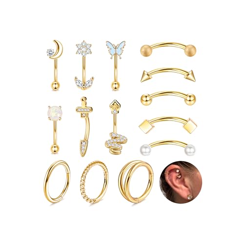 ORAZIO 14 PCS Rook Piercing Jewelry Surgical Steel Eyebrow Piercing 16G Rook Earrings for Women Curved Barbells Eyebrow Rings Belly Lip Ring Cartilage Daith Helix Tragus Body Piercings-14G