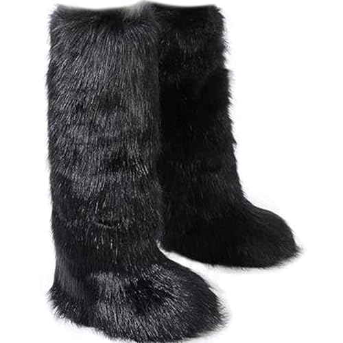 Valpeak Womens Faux Fur Boot Winter Fluffy Long Furry Boots for Girls Outdoor Fuzzy Knee-High Boots(Black,9)