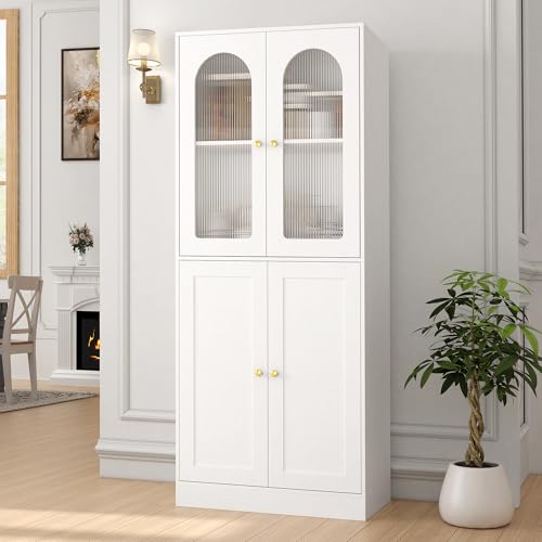 BOMETAO 71" Tall Kitchen Pantry Cabinet, Kitchen Storage Cabinet with Glass Doors and Adjustable Shelves, Wood Food Pantry Cabinet, Freestanding Cupboard for Kitchen, Dining Room, White