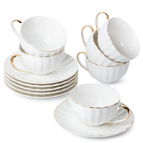 BTaT- Tea Cups and Saucers, Set of 6 (7 oz) with Gold Trim, Cappuccino Cups, Coffee Cups, White Tea Cup Set, British Coffee Cups, Porcelain Tea Set, Latte Cups