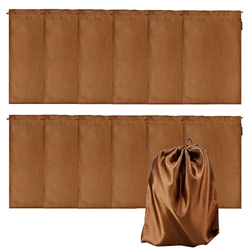 GONGKANGYUAN 12 Pcs Satin Wig Bags with Drawstring Satin Bag for Packaging Hair Extensions Wigs Soft Silk Pouches Hair Tools Storage Bags for Home and Salon (Brown)