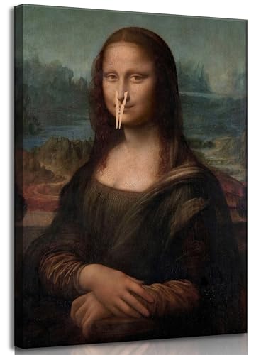 Framed Funny Bathroom Canvas Wall Art Vintage Mona Lisa Bathroom Paintings Pictures Wall Decor Toilet humor Pinching Nose Poster Printing Artwork for Bathroom Toilet Home Decoration