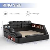 Multifunction Smart King Bed Frame, Luxury Upholstered Platform with Massage Recliner/Bluetooth Speaker/USB Charging Station/Storage Drawers, Leather Headboard/ Strong Wooden Slats, Black