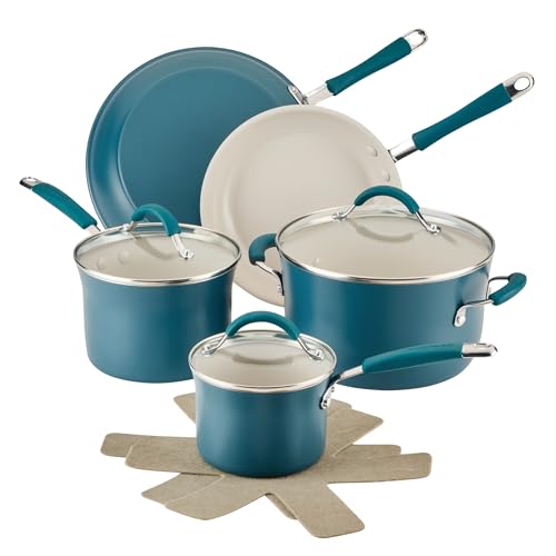 Rachael Ray Cucina Ceramic Nonstick Pots and Pans Set with Saucepans, Frying Pans, Stockpot, Lids, and Pan Protectors, 10 Piece Non Stick Cookware Set, Dishwasher Safe - Marine Blue