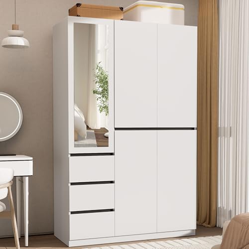 Wakefit 5 Doors Armoire Wardrobe Closet with 3 Drawers & Mirror, Wooden Bedroom Armoires with Hanging Rod, Freestanding Wardrobe Cabinet for Bedroom, Guest Room, White(20.5" D x 47.24" W x 74.8" H)