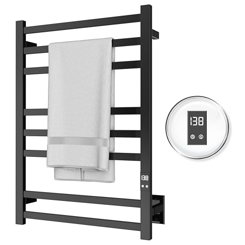 PeakTrivol 8-Bar Towel Warmer with Fast Heating, Auto Shut-Off Timer, Matte Black Finish - Hardwired or Plug-in Options - Ideal for Hot Towels in Bathroom