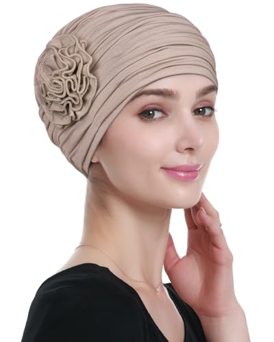 Skullies Beanies with Flower Accent for Girls and Women Taupe