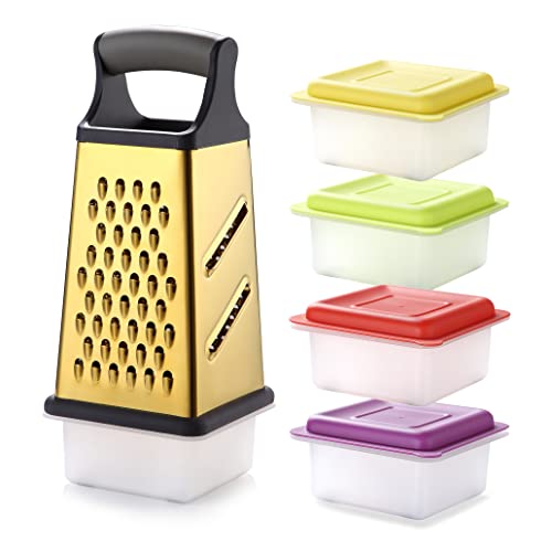 Marco Almond® Gold Titanium Box Grater, KYA53 Stainless Steel Grater Slicer 5 Piece Set, Potato Salad Vegetables Peelers 4 Sides, Best for Parmesan Cheese, Ginger
