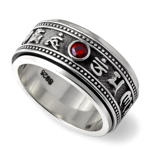 Feng Shui Ring, Retro Tibetan Buddhist Ring, Six-Word Mantra Rings, Sterling Silver Spinner Rings for Men Women, Chinese Wealth Amulet, Good Luck Jewelry (A,8(59mm))