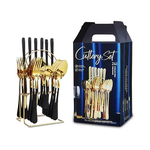 ZENTREN Elegant 24-Piece Gold Black Cutlery Set – Luxurious Stainless Steel Flatware for Your Dining Table