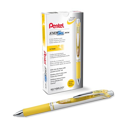 Pentel EnerGel RTX Retractable Liquid Gel Ink Pen, (0.7mm) Medium line, Yellow Ink, Box of 12 Pens (BL77-G)