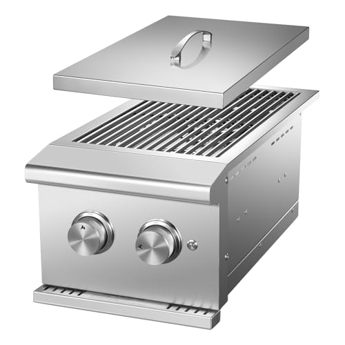 VEPURLT Double Side Burner with 2 x 17,000 BTU LP Gas Grills, Heavy Duty 304 Stainless Steel Built-in Gas Burners for Outdoor BBQ Island Grill Stations (Liquid Propane)