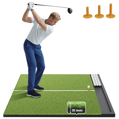 Golfpar Golf Hitting Mat with Built-in Ball Tray & Alignment Line – 31mm Thickness, Indoor Outdoor Golf Practice Mat with EVA Foam Base, Durable Turf, and 3 Rubber Tees for Backyard or Garage