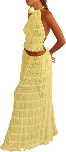 Women Two Piece Maxi Skirt Set Y2k Sleeveless Crop Cami Tops Ruffle Tiered Flowy Long Skirt Vacation Beach Outfits(A0-Ruffle Yellow,S)