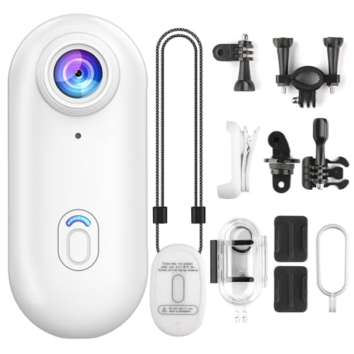 4K Mini WIFI Action Camera Thumb POV Portable Necklace Body Cam Wearable Video Recorder with 100ft Waterproof Underwater Camcorder, Helmet Mount, Magnetic Sport DV for Cycling, Pet, Diving (White)