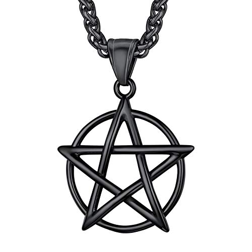U7 Men's Pentagram Necklace Black Metal Plated Stainless Steel Rope Chain Wiccan Jewelry Protection Pentacle Pendant