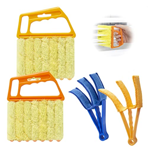 2Pcs Window Venetian 7 Finger Blind Cleaner Duster Tool and 2Pcs dust-Removing Brushes（Orange,Yellow, Blue）