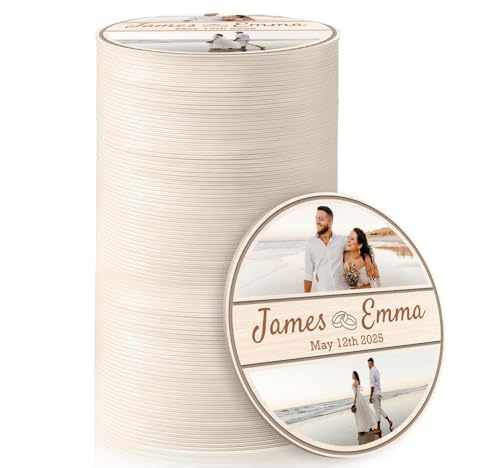 100 Pack Personalized Wedding Coasters, Custom Cardboard Coasters for Drinks with Photo Print and Text, Keepsake Wedding Favors and Gifts for Couples, 3.95" Round p (Design 8)