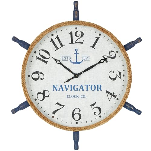 Deco 79 Wood Ship Wheel Decorative Wall Clock for Home with Brown Rope Frame and Blue Spokes, Hanging Clock 33" x 3" x 33", White