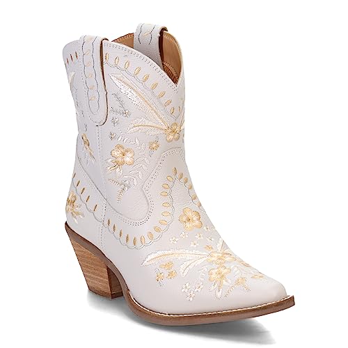 Dingo Womens Primrose Embroidered Floral Snip Toe Casual Boots Ankle Mid Heel 2-3" - Off White - Size 10 M