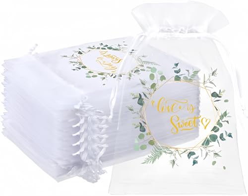 Windyun 200 Pcs Love Is Sweet Organza Bags for Wedding Treat 4 x 6 Inch Wedding Favor Candy Gift Bags Bulk Small Sheer Eucalyptus Leave Jewelry mesh pouches with Drawstring for Baby Shower Supply