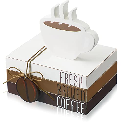 Yookeer 4 PCS Coffee Bar Decor Mini Coffee Bar Accessories Sign Tiered Tray Decor Wood Book Stacks Wooden Book Rustic Farmhouse Table Sign