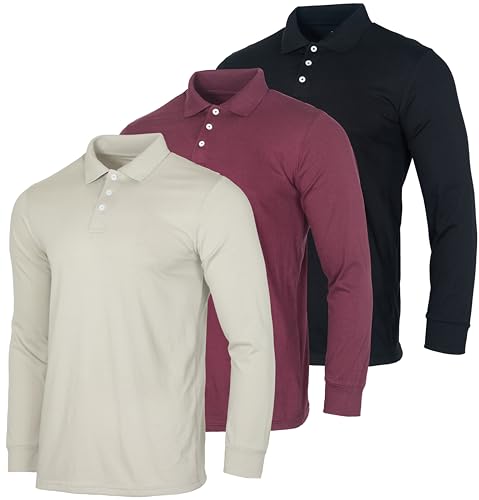 Real Essentials Pack of 3 Mens Cotton Jersey Long Sleeve Active Polo Casual Performance Golf Quick Dry Shirts, Classic Pullover, Camisas Hombre Dress, Knit Slim Athletic T-Shirts - Set 8, Large