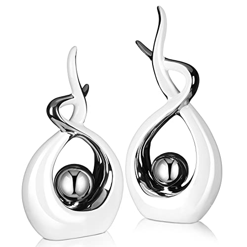 2 Pcs Modern Room Ceramic Decor Center Pieces Table Decorations Ceramic Statue Coffee Table Decor Centerpiece for Home Office Coffee Living Room, 2 Size(White, Silver)