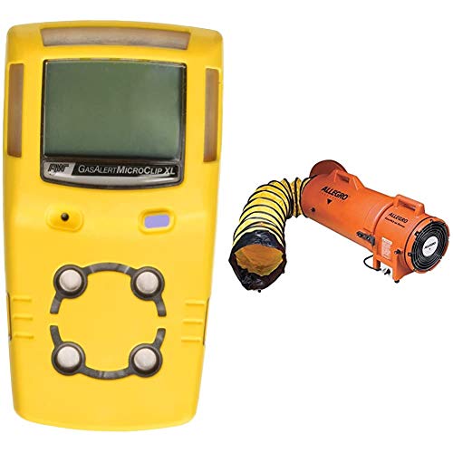 BW Technologies GasAlertMicroClip XL 4 Gas Detector, CO, H2S, LEL and O2, Yellow and Allegro Industries-9533-25 32" X 13 1/2" X 14 1/2" 831 cfm 13 hp 115 VAC 3 A Motor Polyethylene Com-Pax-Ial Blower with Canister and 8" X 25' Duct,Orange