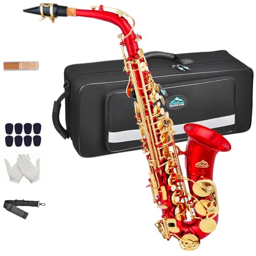 EASTROCK Red/Golden Alto Saxophone E Flat Sax Full Kit for Students Beginner with Carrying Case,Mouthpiece,Mouthpiece Cushion Pads,Cleaning Cloth&Cleaning Rod,White Gloves,Neck Strap