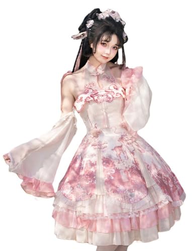 Lolita JSK Dress Chinese Style Sleeveless Princess Dress Pink Lace Court Skirts Anime Party Costume (US, Alpha, Medium, Regular, Regular, Pink)