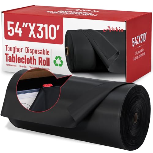 Plastic Tablecloth Roll, 310 Ft x 54 In Plastic Table Cloth Disposable Black Tablecloth Roll Premium PEVA Waterproof Black Table Cover Rolls with Cutter for Banquets, Festivals, Parties, Birthdays