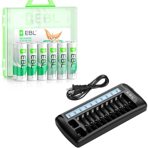 EBL Solar AA Battery Rechargeable Batteries for Outdoor Solar Lights, 1300mAh NIMH Pre-Charged 1.2V Recharge up to 1200x Times for Garden Landscaping String Lights, Pack of 12 with 12 Bay Charger