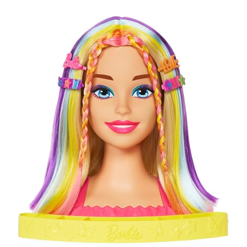 Barbie Totally Hairstyling Doll Head & 20+ Accessories, Color Reveal & Color-Change Pieces, Straight Blonde Neon Rainbow Hair