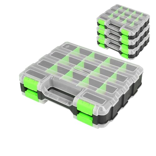 Jack Boss Tool Box with Transparent Lid, Double Side 34-Compartments Organizer Box with Removable Dividers for Hardware, Screws, Bolts, Nails, Beads, Jewelry and Fishing Accessories, Green, 4 Pack