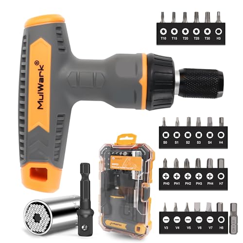 MulWark 30PC Super Universal Socket Tool - Magnetic Ratcheting Screwdriver with Torx/Square/Slotted/Phillips/Hexagonal Screwdriver Bits - Socket Set with Power Drill Adapter - Gift for Men