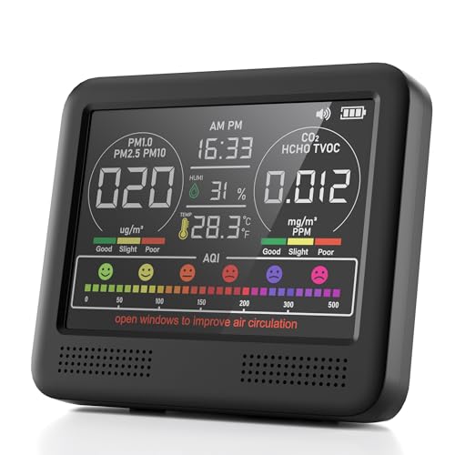 16-in-1 Air Quality Monitor Indoor with 7AQI Beep Alarm, CO2 Monitor, Air Quality Detector with PM1.0 | PM2.5 | PM10 | Temp | HUM | Formaldehyde | VOC Tester for Home Office Plant
